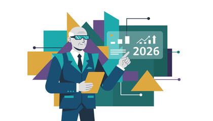 Executive forecasting 2026 business growth using futuristic augmented reality data charts