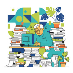 Stressed senior employee buried under a massive pile of office documents representing workload and burnout