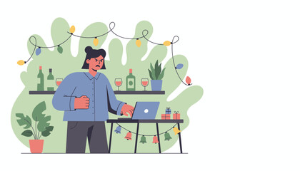 Stressed woman works on laptop at a festive party illustrating holiday work and frustration
