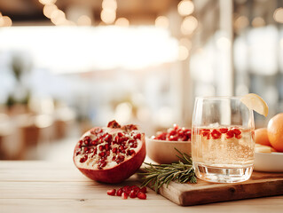 Refreshing sparkling drink with pomegranate seeds and lemon wedge on wooden board, surrounded by fresh fruit and herbs in warm light