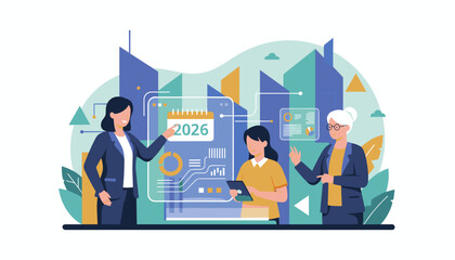 Diverse businesswomen planning 2026 strategy with digital data screens and urban background