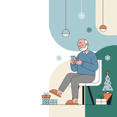 Senior man using smartphone at home during winter holidays with copy space