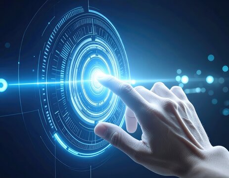 A human finger interacts with a glowing blue futuristic circular digital interface - Powered by Adobe