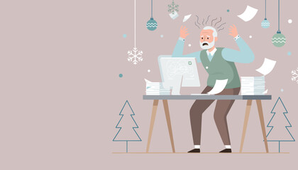 Deadline chaos Senior man panics at his desk surrounded by Christmas decorations