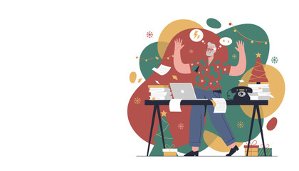 Senior man stressed by holiday work deadlines and paperwork chaos