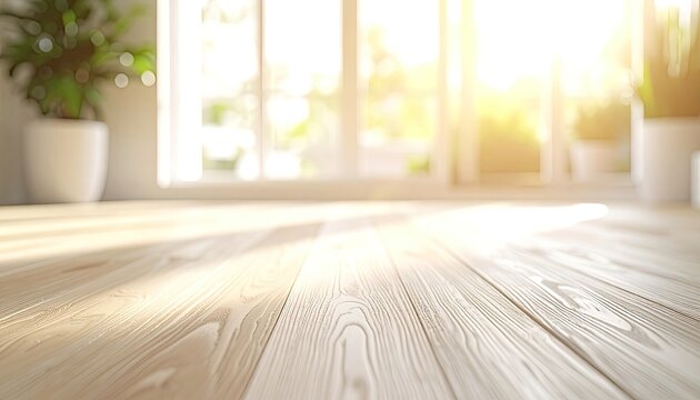 Bright sunlight streams across a light-colored wooden floor near a window with potted plants.