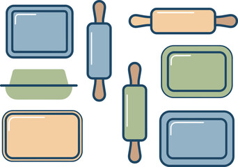 Baking tools illustration, rolling pins and trays, minimalist kitchen equipment set, cooking utensils design, pastel color bakeware, simple culinary artwork