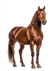 Obraz premium A striking chestnut horse stands isolated against a clean white background.