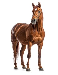Fototapeta premium A stunning portrait of a muscular chestnut horse isolated on a white background.