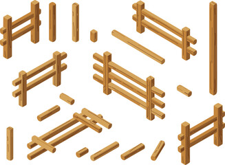 Isometric wooden fence parts set, 3D fence posts and rails, modular construction elements, rustic outdoor barriers, editable building components illustration