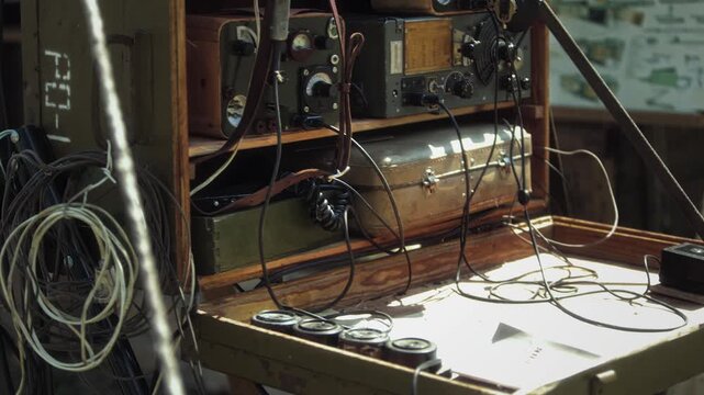 Close up view of vintage Soviet military field radio station with receiver and transmitter components during outdoor exhibition of World War II army technology