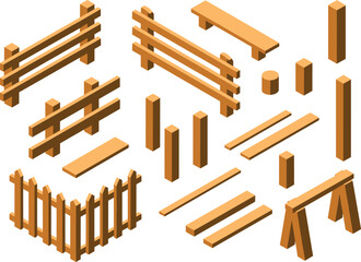 Isometric wooden fence parts set, 3D fence posts and rails, modular construction elements, rustic outdoor barriers, editable building components illustration