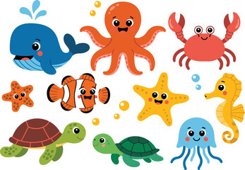 Cute ocean animals illustration, cartoon sea creatures, whale, octopus, crab, fish, turtles, starfish, seahorse, jellyfish, underwater kids artwork