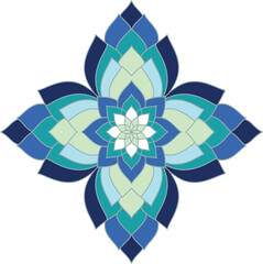 Blue and Green Geometric Mandala Flower Design on White Background symmetrical design