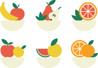 Fruit bowl illustration set, minimalist fresh fruits collection, apples pears citrus watermelon banana, healthy food icons, simple colorful artwork