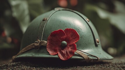 Obraz premium Military Helmet with Red Poppy Flower Symbol.