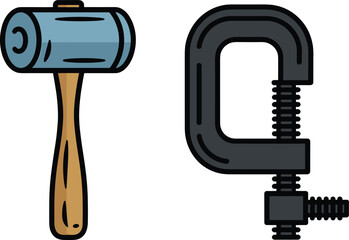 Hammer and C-clamp illustration, simple tool icons, woodworking and metalworking equipment, hand tool set graphic, DIY construction elements artwork