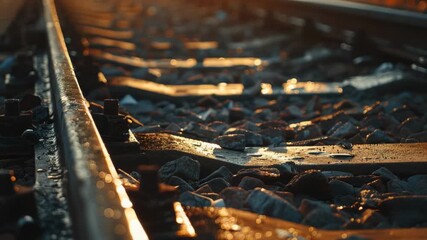 Video A close-up shot of a train track with water pooling on the surface, great for use in travel or infrastructure-themed projects