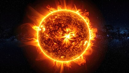 A vibrant, fiery depiction of the Sun blazing intensely against the dark expanse of space, complete with prominent solar flares and a star field backdrop.