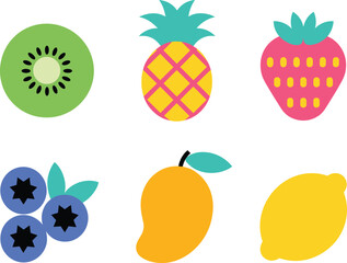 Colorful fruit icons illustration, kiwi pineapple strawberry blueberry mango lemon, flat design healthy food symbols, fresh tropical fruits artwork