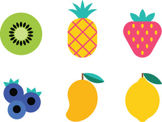 Colorful fruit icons illustration, kiwi pineapple strawberry blueberry mango lemon, flat design healthy food symbols, fresh tropical fruits artwork