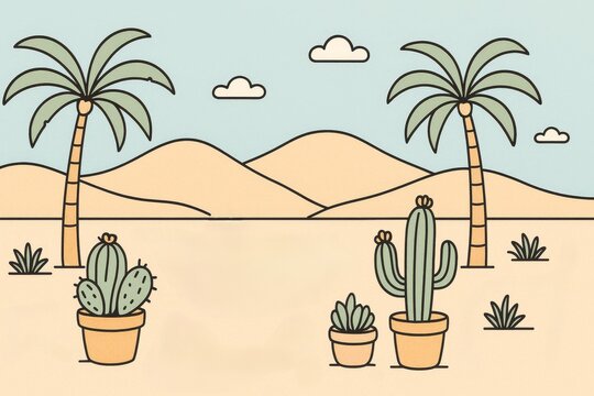 Desert palms and potted cacti cartoon landscape