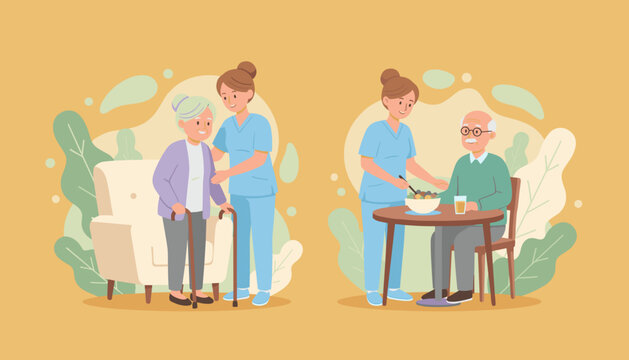 Caregiver assisting elderly patients with walking and meals illustrating senior home support