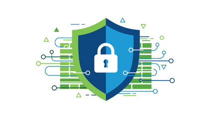 A blue shield with a white lock on it surrounded by green and blue circuit board elements and lines on a