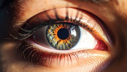Fototapeta premium Extreme close-up shot capturing the intricate, amber and teal patterns of a human iris under dramatic lighting.