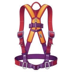 Safety harness designed for climbing and construction, featuring vibrant color scheme with adjustable straps and secure buckles, ideal for safety, transparent background