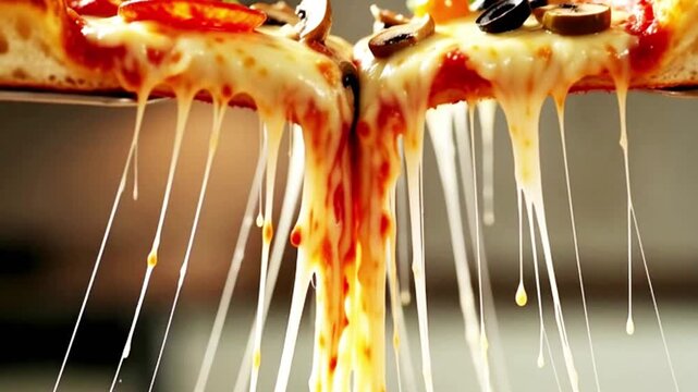 Dramatic close-up of melting cheese pull from a fresh hot pizza. Perfect cinematic macro details for food advertising and restaurant promos.
