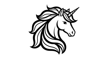 Elegant black and white unicorn head illustration on white background