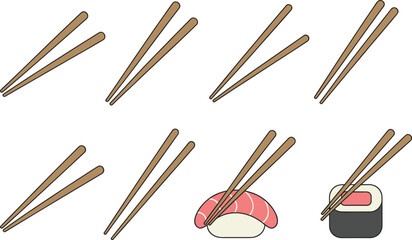 Chopsticks illustration set, sushi and maki rolls, Japanese dining utensils, minimalist food icons, Asian cuisine elements, restaurant artwork collection