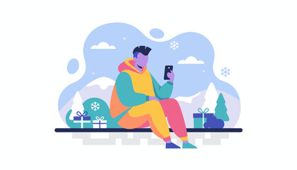Obraz premium Man using a smartphone outdoors in a snowy landscape with holiday gifts Digital winter communication concept