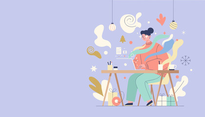 Remote worker enjoys festive inspiration while typing on a laptop with abstract digital flow