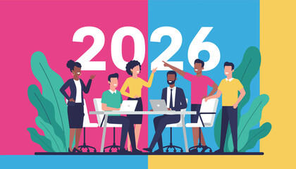 Diverse business team planning 2026 goals Collaboration strategy success and future vision