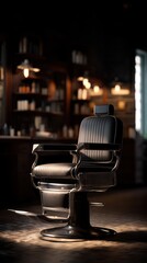 Vintage barber chair in barbershop interior, classic grooming salon background