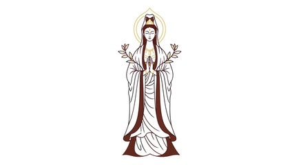 Elegant depiction of a divine figure with halo holding flowers on white