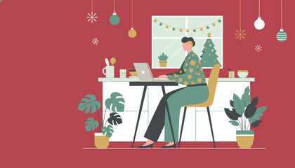 Remote worker busy on a laptop at a festive desk during the Christmas season