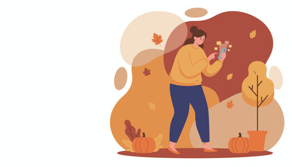 Woman checks phone surrounded by autumn decor and notifications Fall technology and digital life concept