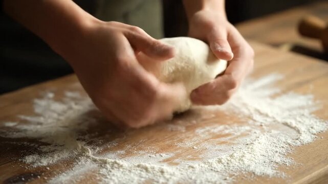 Close-up of a baker's hands expertly kneading fresh dough on a floured wooden board, preparing for homemade bread or pizza