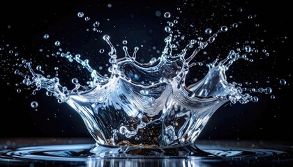Dramatic high-speed capture of a water splash crown against a dark background.