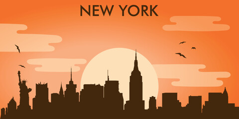 Minimalist vector illustration of the New York City skyline against the backdrop of the sunset.