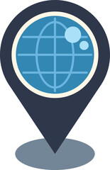 Blue location pin showing earth globe icon, representing global positioning