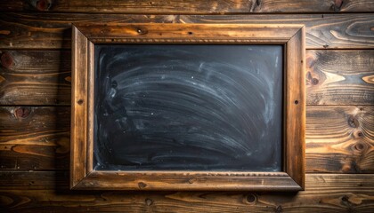 A rustic empty chalkboard framed in dark wood against a wooden plank background.