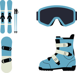 Winter sports equipment illustration, skis snowboard boots goggles, minimalist skiing gear set, snow sport icons, outdoor adventure graphics design