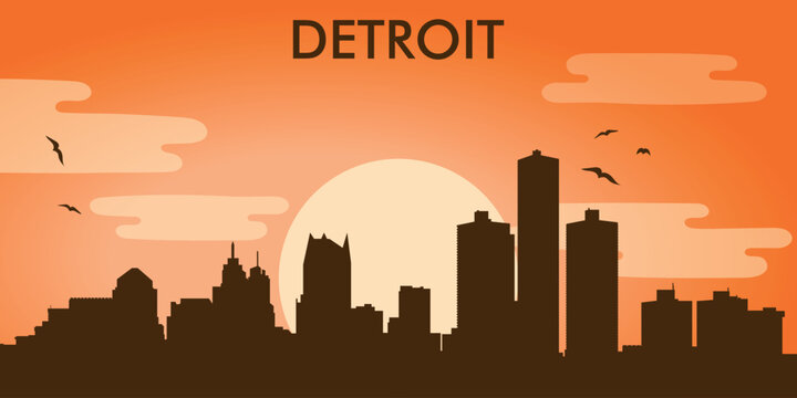 Stylish minimalist illustration of the silhouette of Detroit (USA) against the backdrop of sunset or sunrise. A large cream-colored sun hangs low above the horizon.