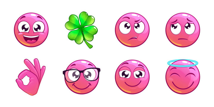 Set of 8 Cute Pink Emoji Expressing Neutral, Calm and Mildly Positive Emotions