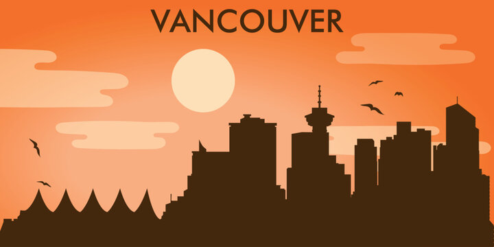 Stylish minimalist illustration of the Vancouver skyline (Canada) against the backdrop of sunset or sunrise. A large cream-colored sun hangs low above the horizon.