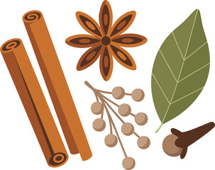 Spices illustration, cinnamon sticks, star anise, bay leaf, clove and pepper berries, aromatic seasoning collection, herbal cooking ingredients artwork